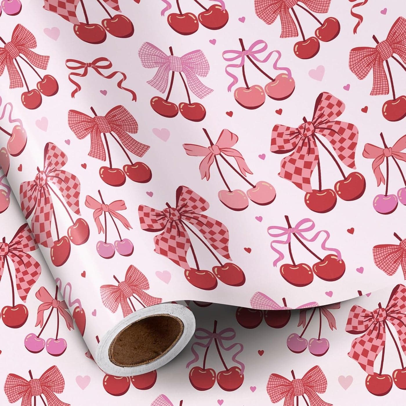 RUSPEPA Cherry Bow Wrapping Paper Roll Mini Roll Romantic Cherry Bow Tie Ribbon Gift Wrap Pink and Red Wrap Paper for Girl Birthday Valentines Day Bachelorette Anniversary 17 Inch x 98 Feet
