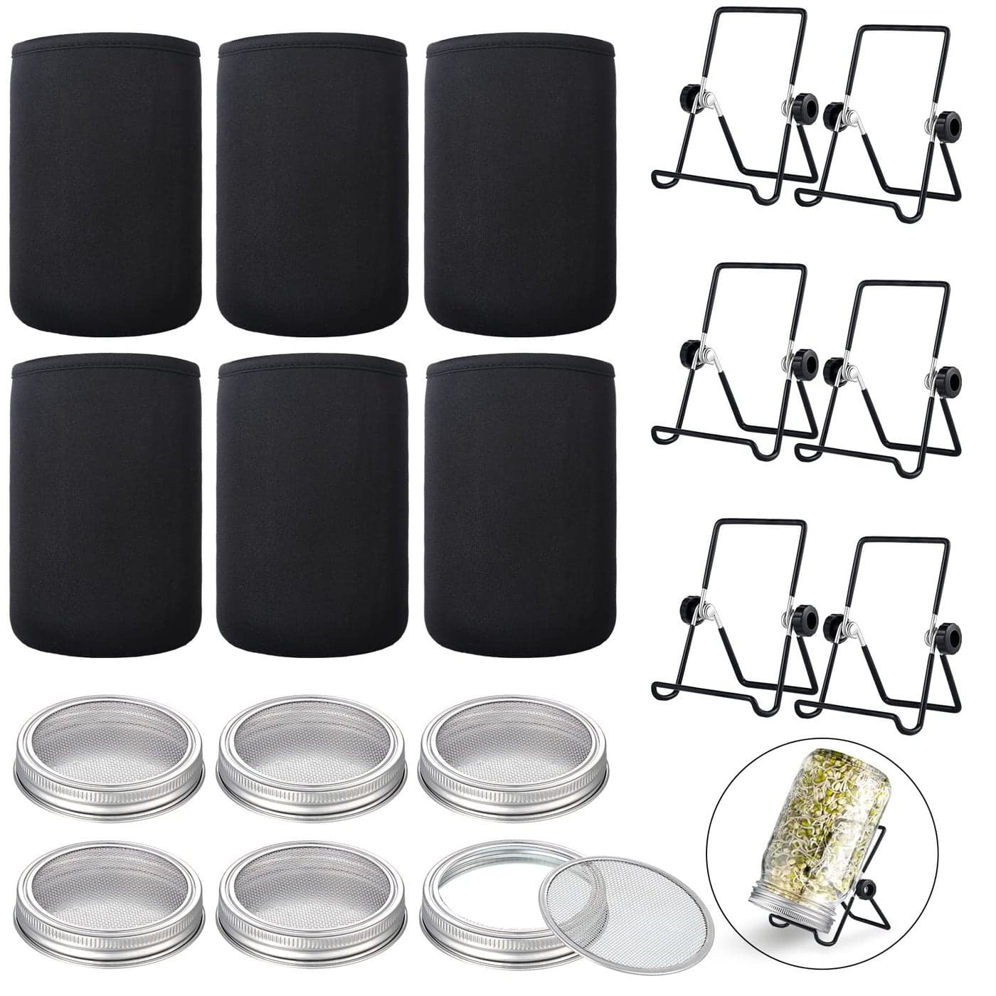 6 Pack Sprouting Lids with Stainless Steel Sprouting Jar Stands, Blackout Sleeves, Sprouting Kit for Wide Mouth Mason Jar, Organic Sprouts