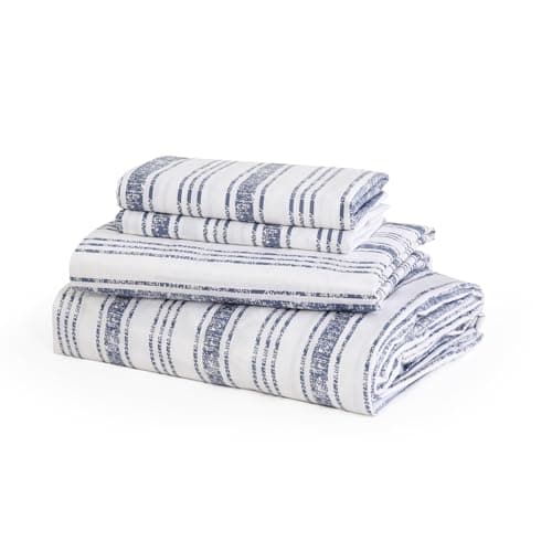 JSD 100% Cotton Queen Sheet Set, Blue Striped Sheets, 300 Thread Count Sateen Bed Sheets Deep Pocket, Soft Breathable Cooling
