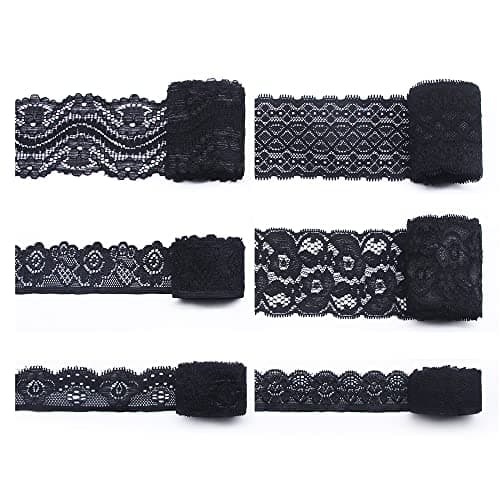 SEMINI 12 Yards Black Lace Elastic Trim Lace Ribbon Flower Edge Trimming for Sewing Craft Wedding Party Decor Clothes
