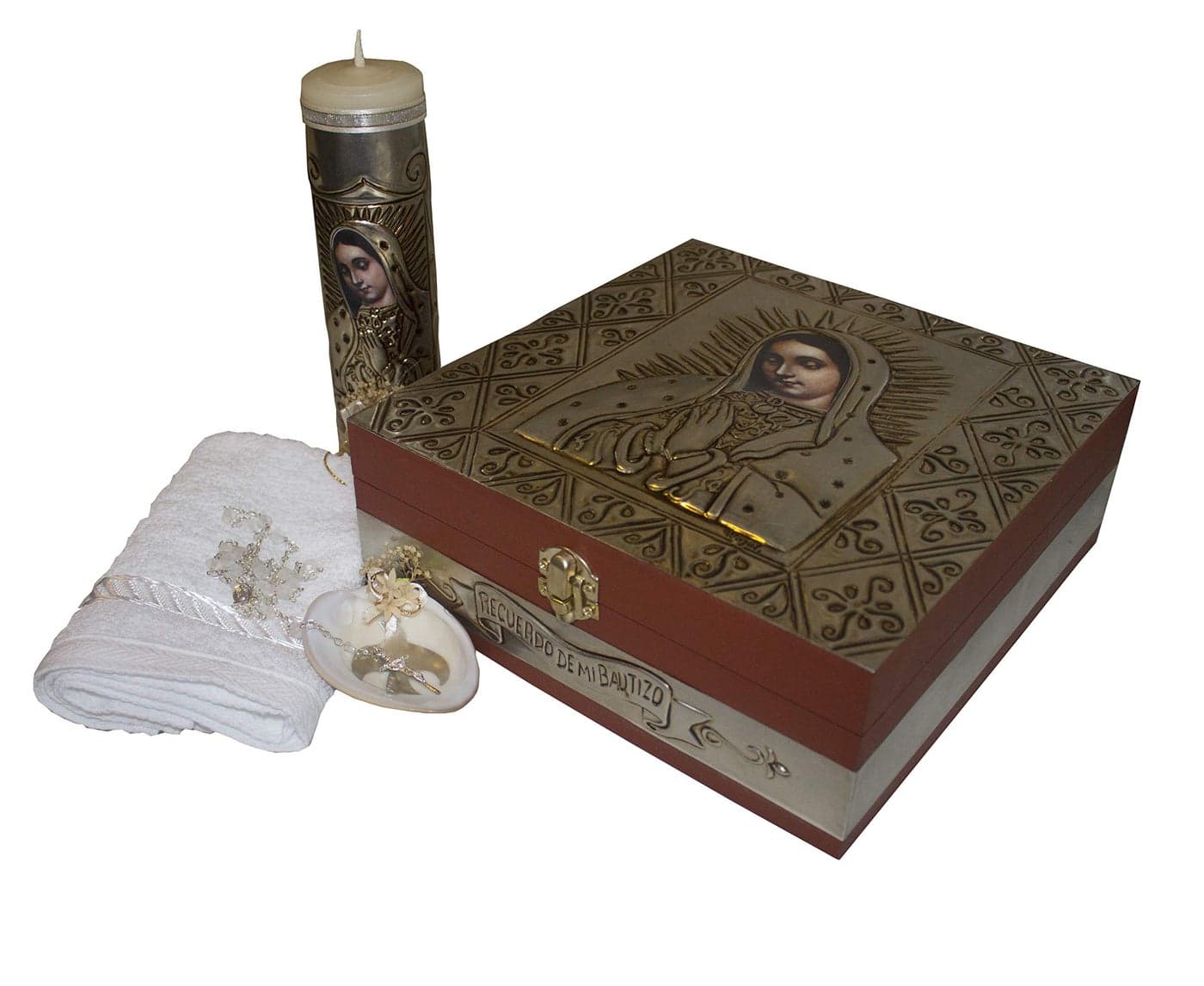 Premium Quality Baptism Kit with baptism candle baptism towel baptism shell and Rosary Kit de bautizo de Alta Calidad de la Virgen de Guadalupe Premium Christening kit Kit de bautizo Catlico