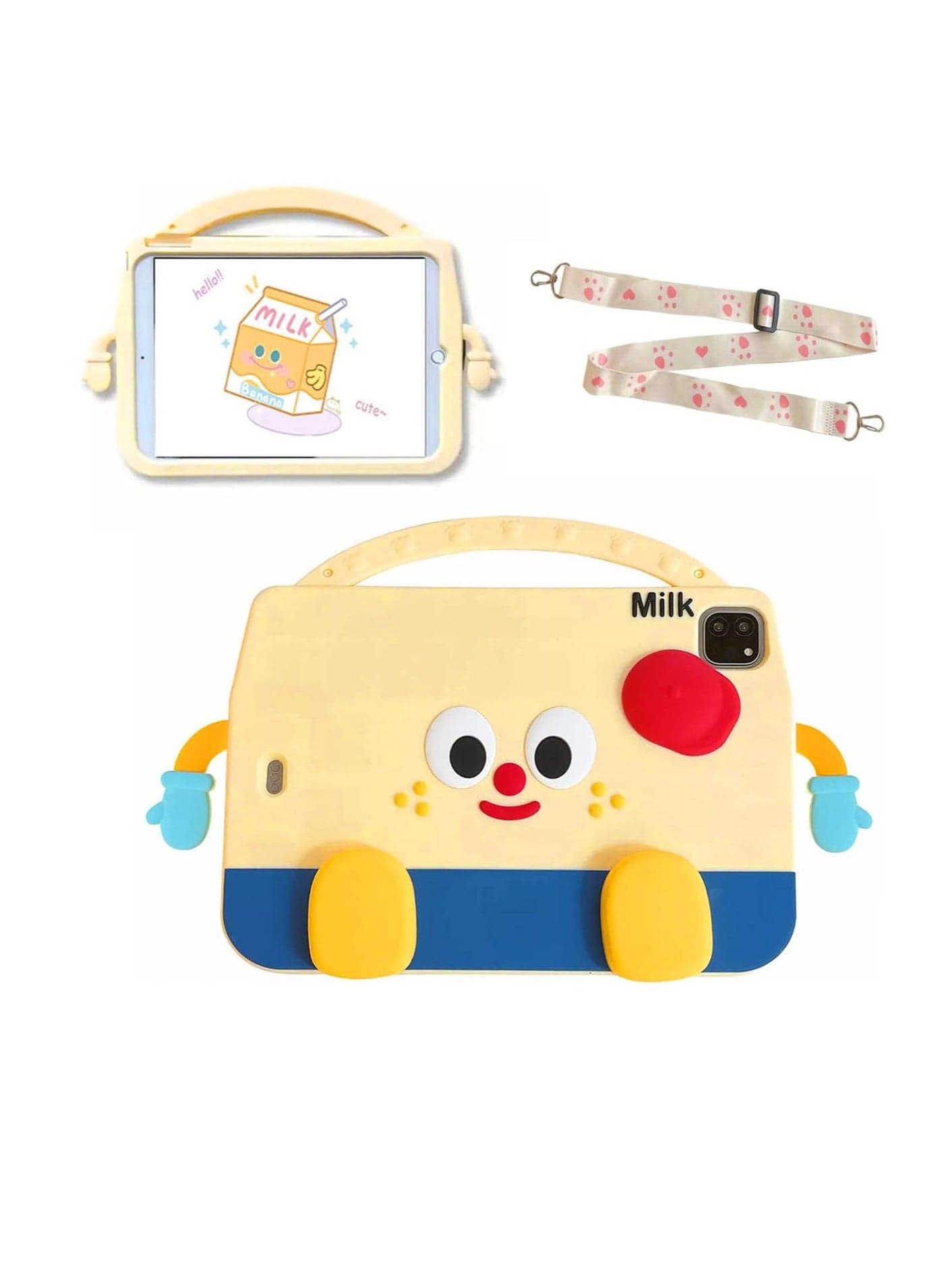 Kids Case for iPad Pro 11 Inch (M4) 2024 (5th Gen) Released Cover with Cute Kawaii Milk Box Handle Stand Shoulder Strap Silicone Protective Case for New iPad Pro 11'' 2024-Milk Yellow