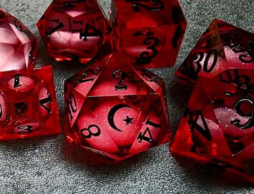 Star Moon Liquid Core Sharp Edge Crystal Dice Set for Dungeons and Dragons Polyhedral RPG Tabletop Dice Scarlet CrescentRed