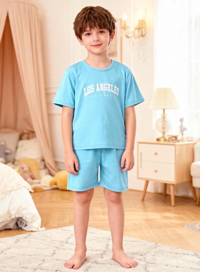 Boys Blue Slogan Print T-Shirt And Shorts Pyjama Set
