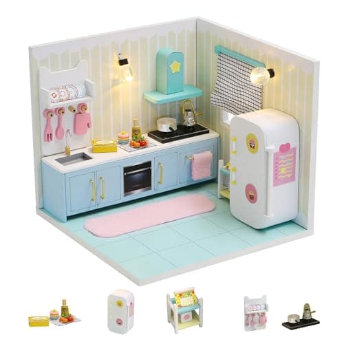 Kisoy Dollhouse Miniature with Furniture Kit DIY 3D Wooden DIY House Kit A Corner of a Small Apartment Style with Dust Cover LEDHandmade Tiny House Toys for Kids Adults Gift Kitchen