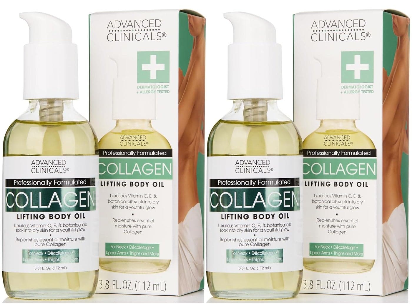 Advanced Clinicals Firming Collagen Body Oil Skin Care Moisturizer Massage Body Oil Tighten Firm Hydrate Collagen Oil For Scars Wrinkles Crepey Skin Stretch Marks 2Pack