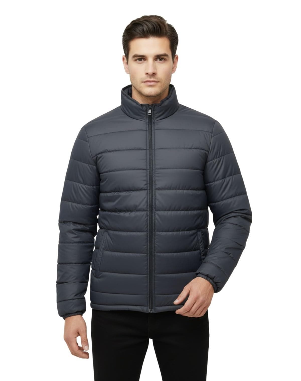 FYLTR Men's Stand Collar Puffer Jacket, Dark Grey, 2XL