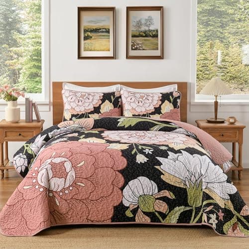 DJY Black Quilt Set King Size 3 Pieces Floral Boho Bedspread Coverlet Set Soft Microfiber Black Pink Farmhouse Floral Quilted Bedding Set Reversible Bed Cover for All Season 110x90