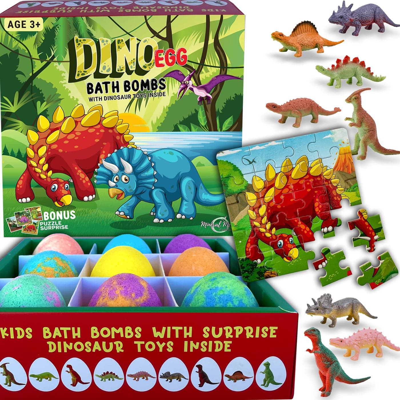 Bath Bombs for Kids with Surprise Toys Inside Plus Dinosaur Puzzle Set of 9 Organic Dino Egg Bath Bombs Gentle and Kids Safe Fizzy Balls with Rich Bubbles Birthday Gifts for Boys Girls