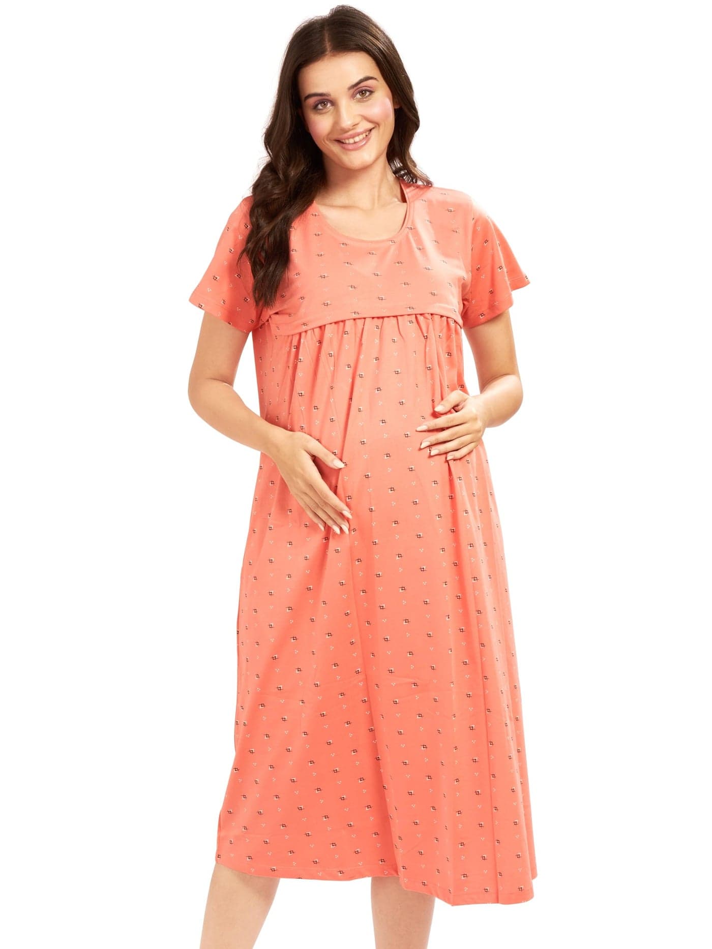 AV2 Cotton Women Printed Maternity Feeding Knee Length Nighty Peach Large