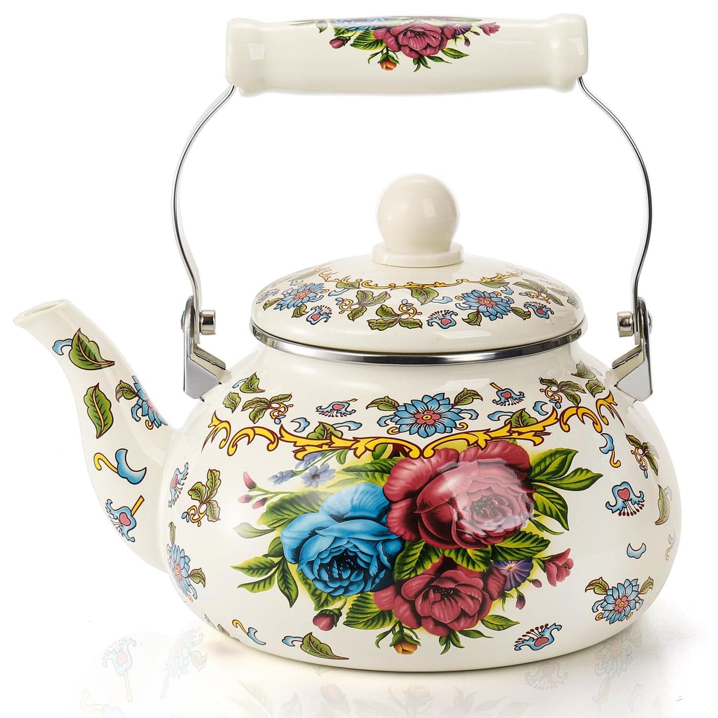 Fasmov 25L Enamel Teapot Large Porcelain Enameled Teakettle Floral Colorful Tea Kettle with Handle for Stovetop Retro Steel Teapot for Hot Water No Whistling