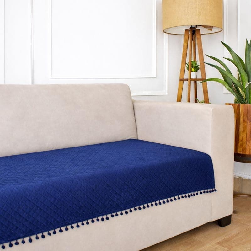 STITCHNEST 2 Seater Quilted Velvet Sofa Cover with Pom Pom | Elegant Blue Sofa Protector for Living Room | Soft, Washable | Perfect for Enhancing Living Room Interiors