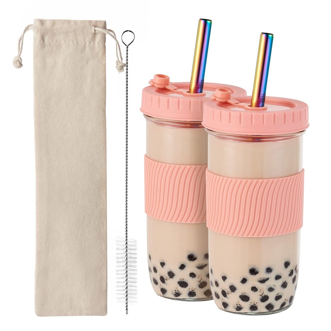 Amyoole 2 Pack Reusable Boba Cup 24Oz Wide Mouth Smoothie Cupmason Jar Glass Cups with Lids and StrawsBubbleBoba Tea CupsIce Coffee Tumbler 2 colored straws 1 sponge brushPink
