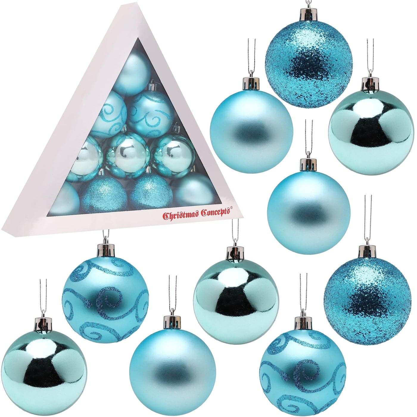 Christmas Concepts Pack of 1060mm Christmas Tree Baubles Shiny Matte Glitter Decorated Baubles Turquoise