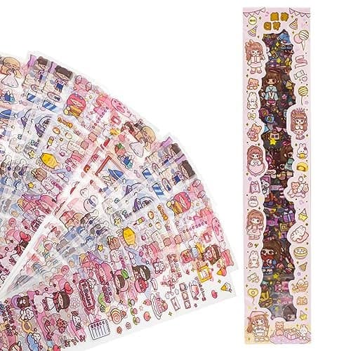 WISHKEY Adorable Cartoon Theme 20 Sticker Sheet Set, DIY Self Adhesive Floor Stickers for Notebook, Diary for Kids, Multicolor, 3+Years (Pack of 20) 8 x 40 cms, Polyethylene Terephthalate