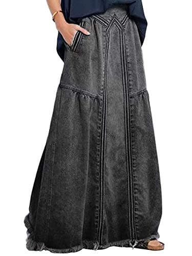 ebossy Womens Casual Elastic Waist Frayed Hem ALine Distressed Hippie Long Maxi Denim Skirt Small Dark Grey