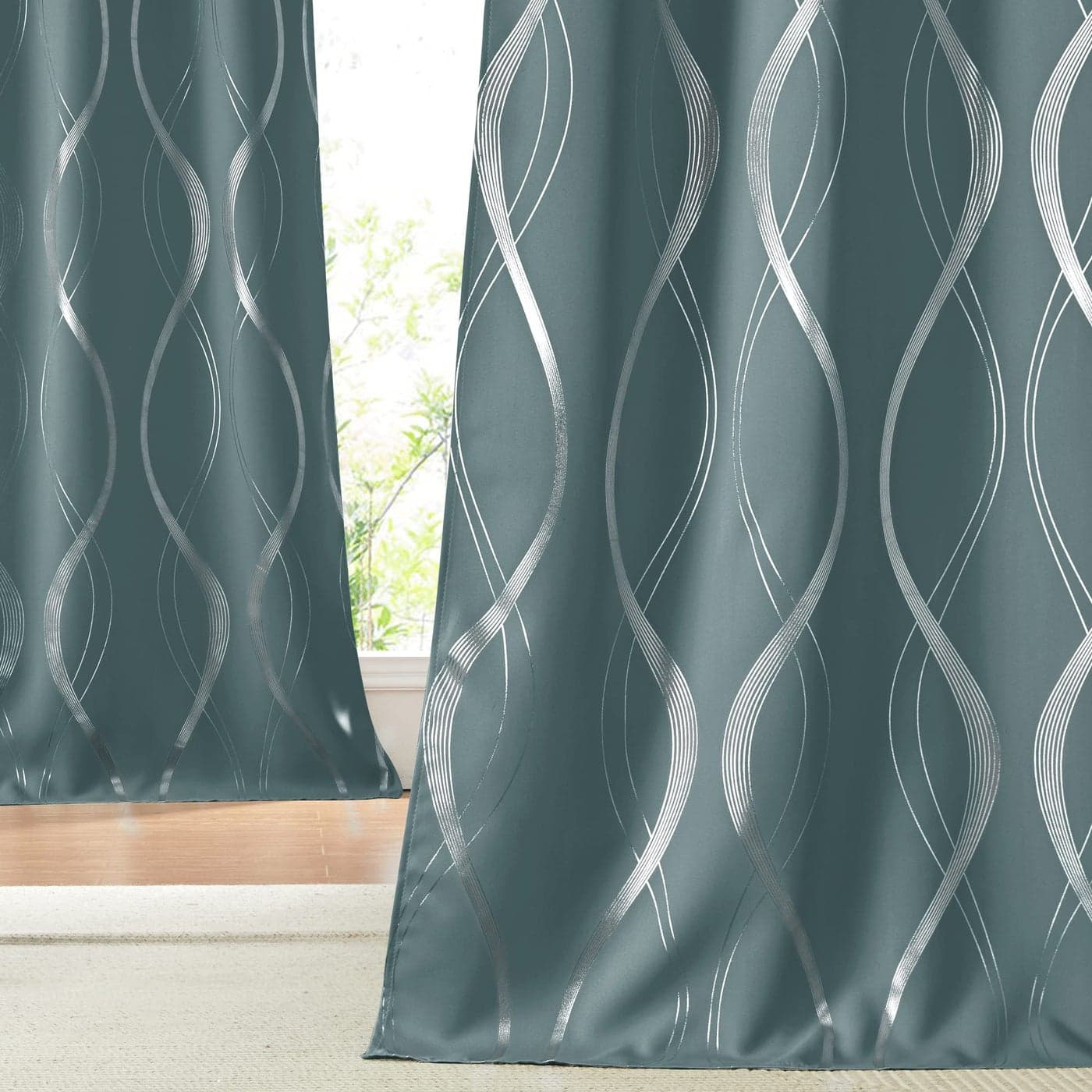NICETOWN Blackout Curtains Panels for Living Room Greyish Blue 52 Wide x 84 Long 2 Panels Sound Reducing Thermal Insulated Wave Line Foil Print Design Curtains for Patio Sliding Glass Door