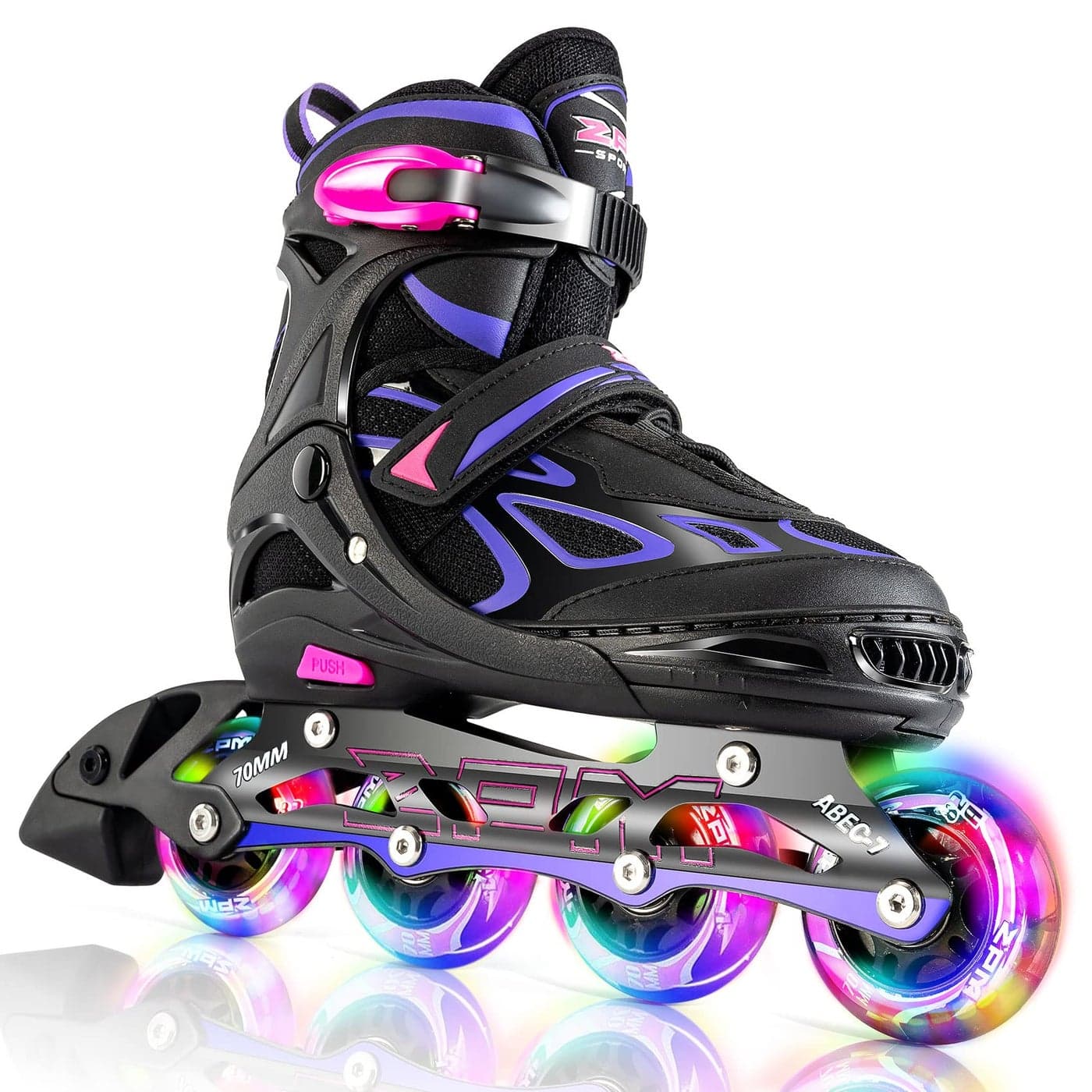 2PM SPORTS Vinal Girls Adjustable Inline Skates with Light up Wheels Beginner Skates Fun Illuminating Roller Skates for Kids Boys and Women Adults Violet Large47 US