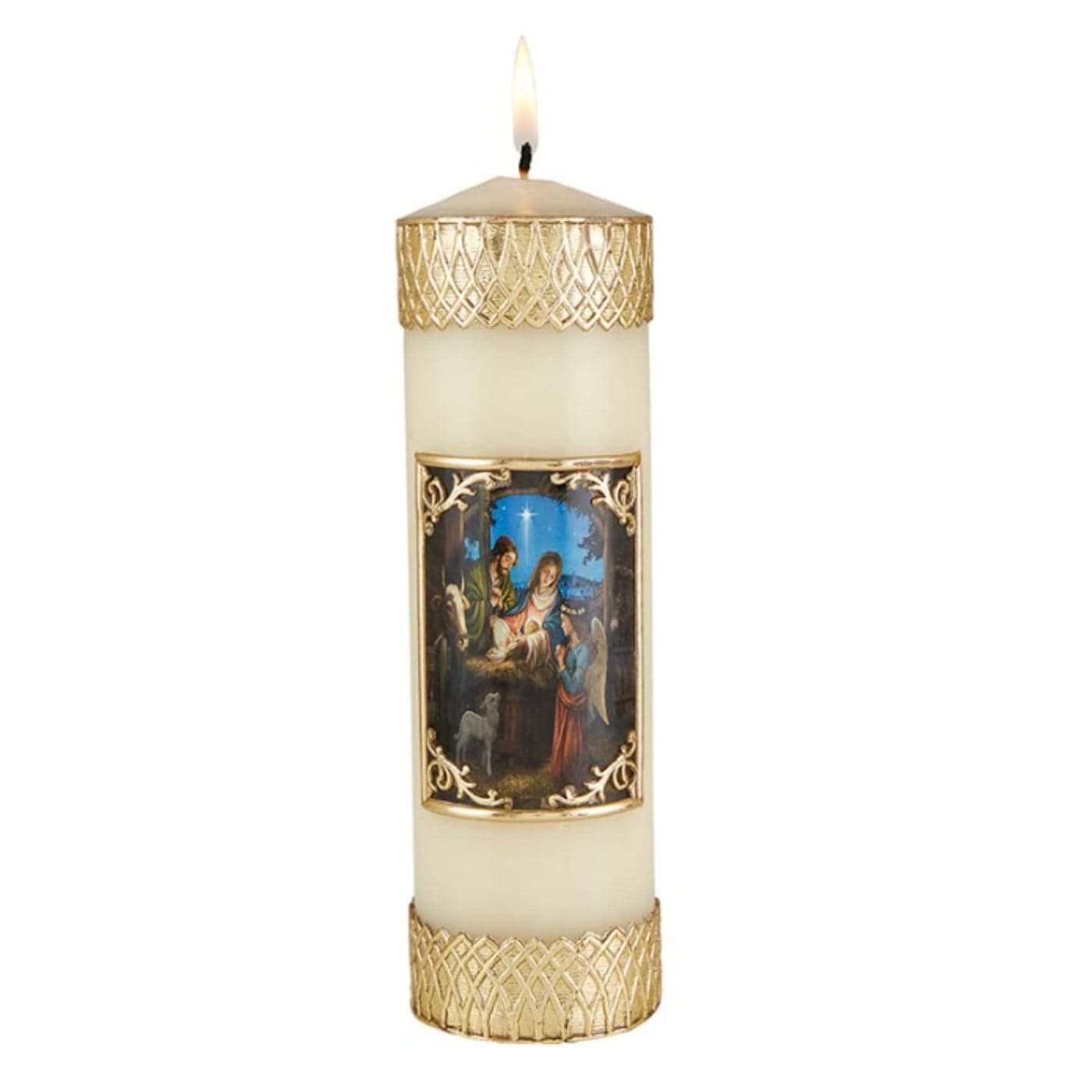 Needzo Gold Tone Nativity Scene Ornate Pillar Candle for Christmas Mass Decoration or Holiday Candles for Homes Mantels or Centerpieces 775 Inches