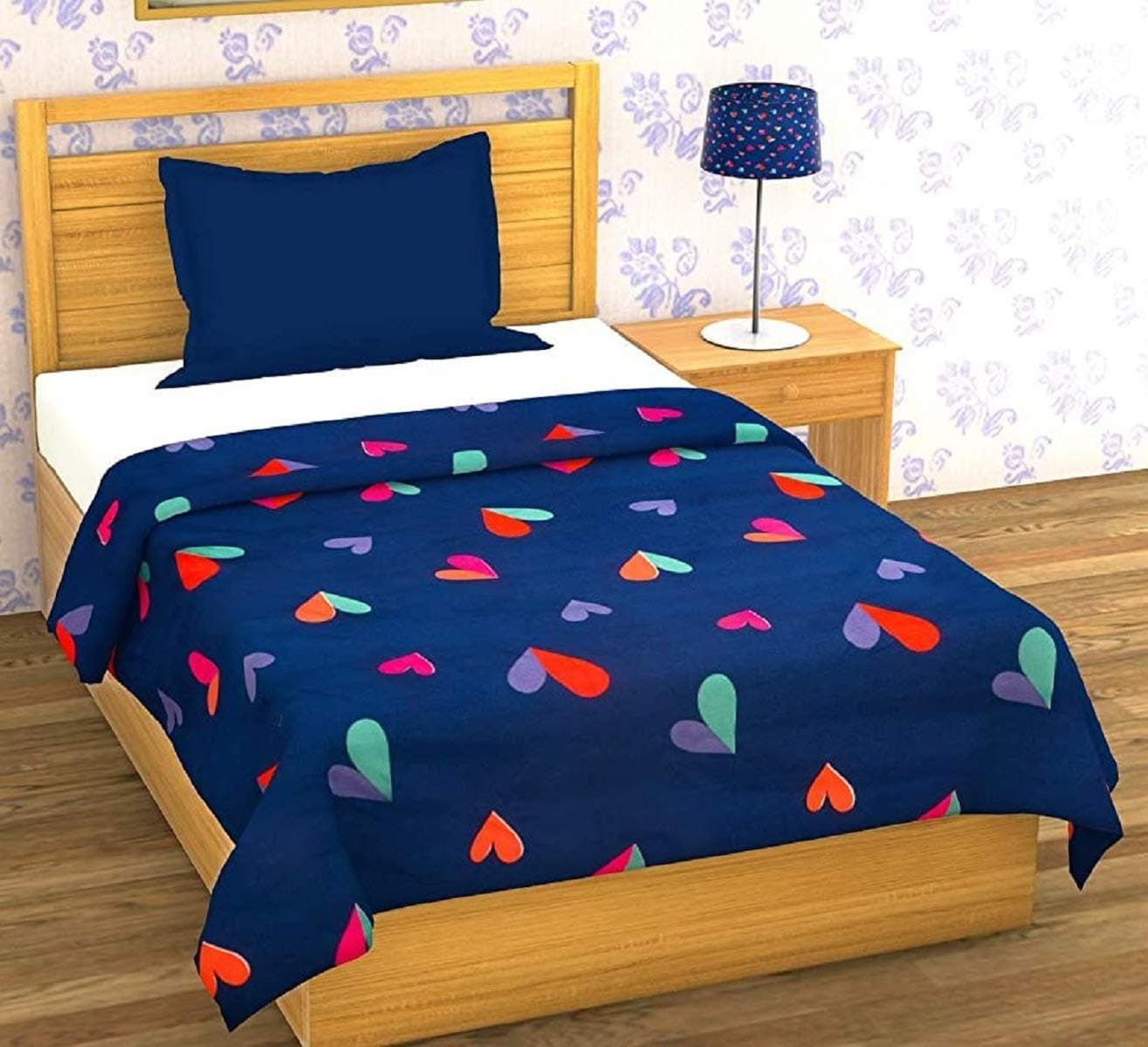 THE HOME STYLE Super Soft Glace Cotton 200 TC Single Bed Quilt Cover Ii Rajai Cover Ii Duvet Cover Ii Comforter Cover Ll Dohar For Single Bed With Zipper (Dohars) 60X90 Inch (Single, Blue Heart)