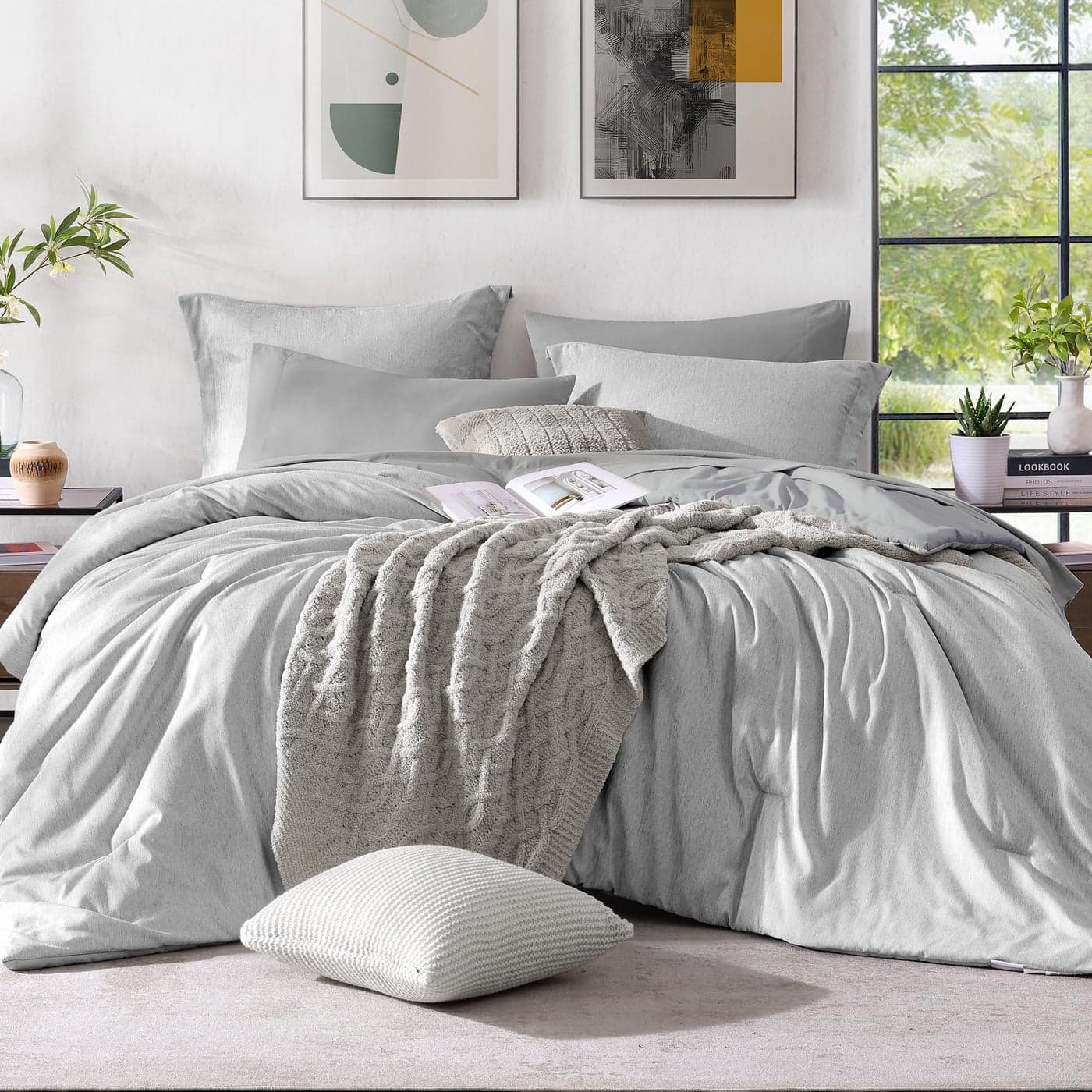 Monbix Queen Comforter Set 7 Pieces Cationic Dyeing Light Grey Bed in a Bag Queen Bedding Sets with Comforter Sheets Pillowcases Shams Reversible Bedding Comforters Sets