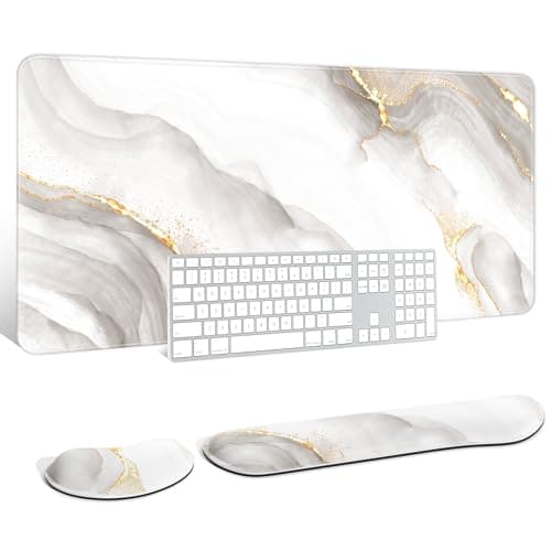 Auhoahsil Large Mouse Pad with Wrist Rests for Keyboard & Mouse, Thick Soft Ergonomic Memory Foam Wrist Supports, Big & Long Desk Mat 35.5 x 15.7 in, for Office Gaming Computer, White Gold Marble