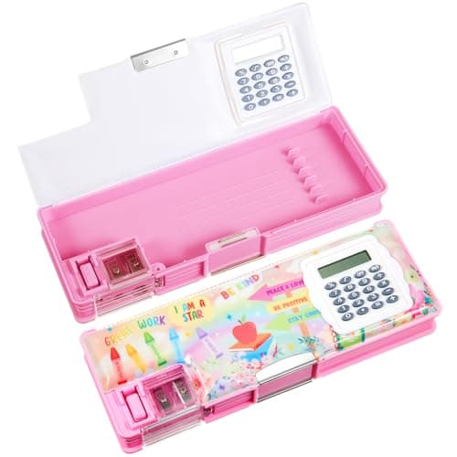 Henoyso Multifunctional Pencil Box for Girls Pink Inspirational Pencil Case with Calculator and Sharpener Cute Pencilcase School Supplies Essentials Christmas Birthday Gift Present for Kids Teens