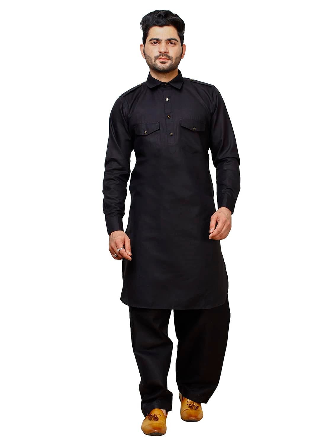 Pro-Ethic Style Developer Men Cotton Pathani Suit Set|Solid Pattern|Classic Collar (A-116) (Black, XXL)