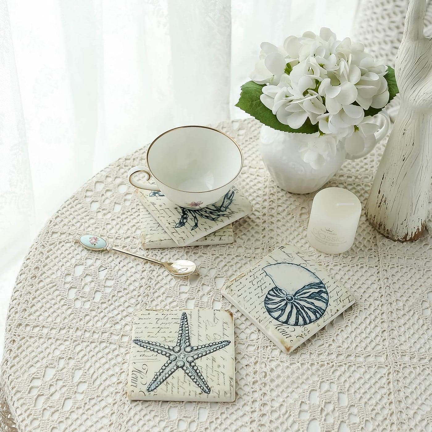 Beach Coasters for Drink Set of 4 Absorbent Nautical Outdoor Housewarming Gifts Square Resin Coasters Cork Base Handmade Starfish Seashell Retro Coasters Funny Ocean Sea Summer Theme 4 x 4