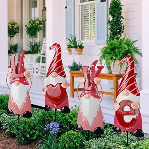 Ridota Valentines Day Decorations, 4 Pcs Valentines Yard Signs, Metal Stakes Valentines Day Outdoor Decorations, Love Gnome Decor for Valentines Day Outside Lawn Decorations