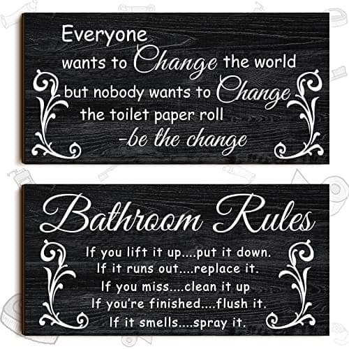 Jetec 2 Pieces Funny Bathroom Signs Bathroom Wall Decor Toilet Wall Accessories Farmhouse Toilet Rustic Wooden Signs(Dark Style)