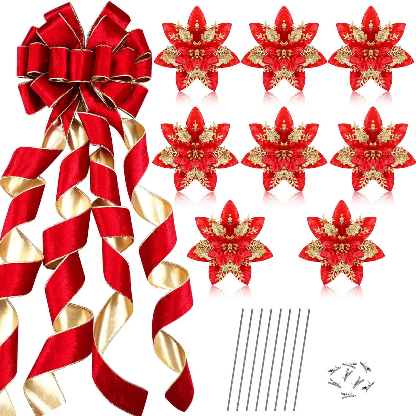 48 x 13 Red Big Christmas Tree Topper Red Large Velvet Bow with Long Streamers Christmas Tree Ornaments with 8 Pcs 55 Inch Artificial Gold Red Poinsettia Flowers Decorations for Christmas Decor