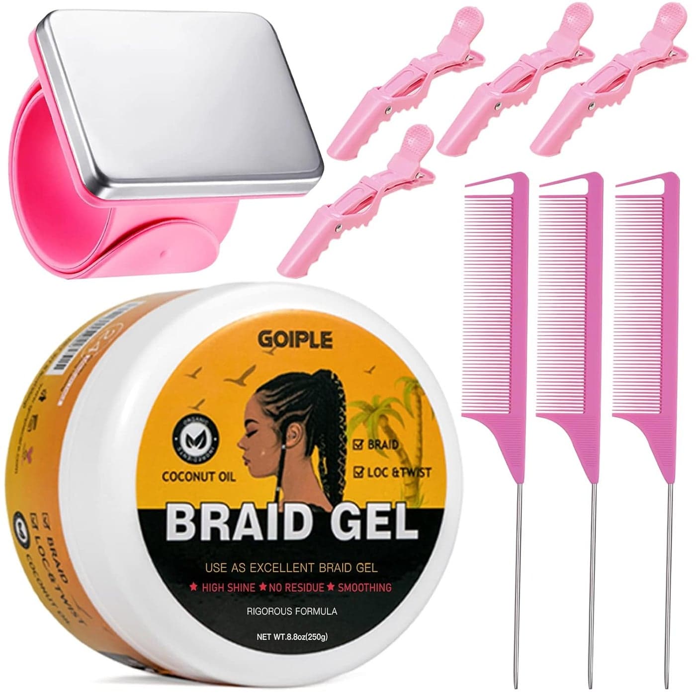 Strong Hold Smoothing Braiding Gel for Twists Locs Edges Cornrows With Hair Braiding Tools Magnetic Pin Wristband Comb No Flake High Shine