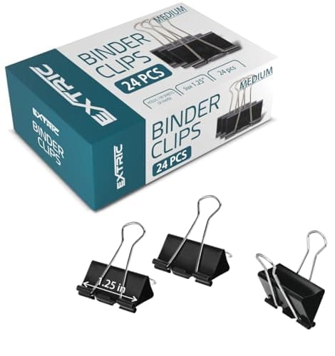 Binder Clips - 24 Medium Binder Clips, 1.25 Inch Black Paper Clamps, File Clip for Home, Office and School Supplies