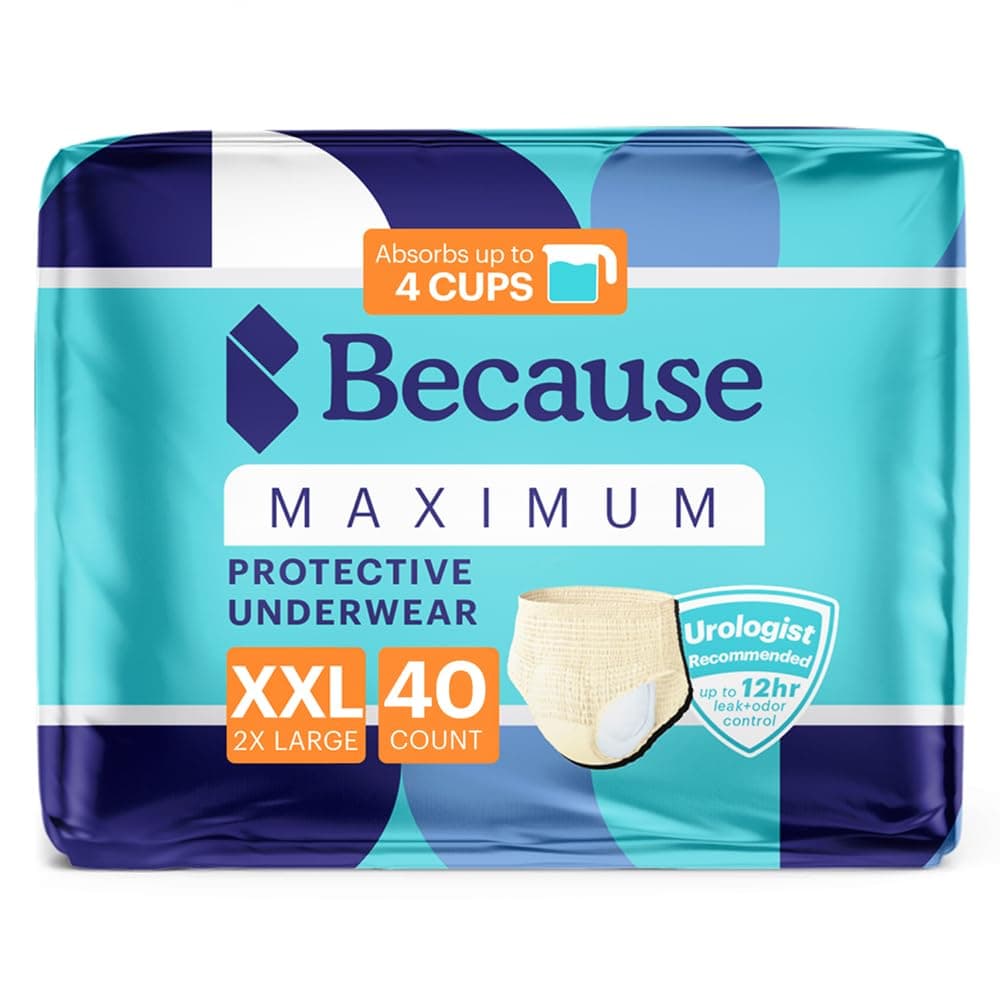 Because Premium Maximum Plus Adult Incontinence and Postpartum Bladder Leak Underwear for Women Maximum Absorbency Disposable Beige XXLarge 40 Count 4 Packs of 10