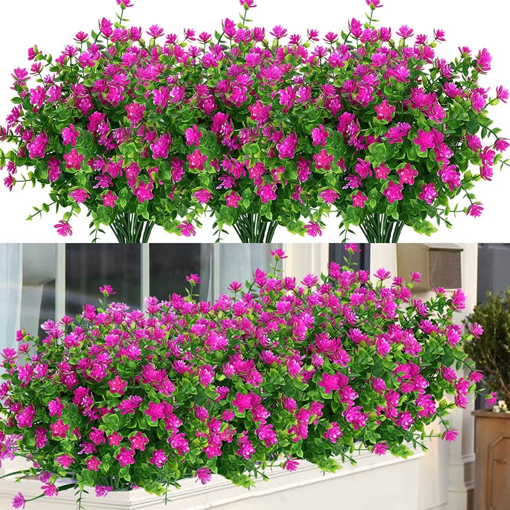 ArtBloom 24 Bundles Outdoor Artificial Flowers UV Resistant Fake Boxwood Plants Faux Greenery for Indoor Outside Hanging Plants Garden Porch Window Box Home Wedding Farmhouse Dcor Magenta