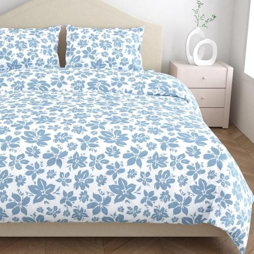 haus & kinder Double Bed Bedsheet | 144 TC Pure Cotton Queen Size Bed Sheet with 2 Pillow Covers (100 x 90 Inches) | Soft Breathable Fabric - Bluebell Whisper
