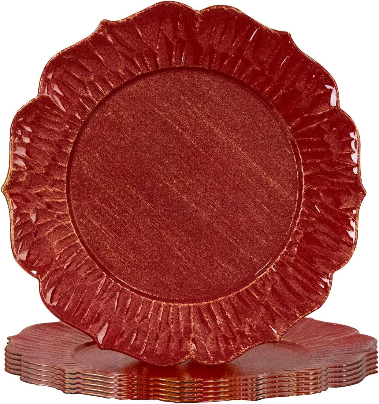 MAONAME 13 Charger Plates Set of 6 Scallop Plate Chargers with Gold Rim Round Chargers for Dinner Plates Plastic Table Chargers for Wedding Decor Red and Gold