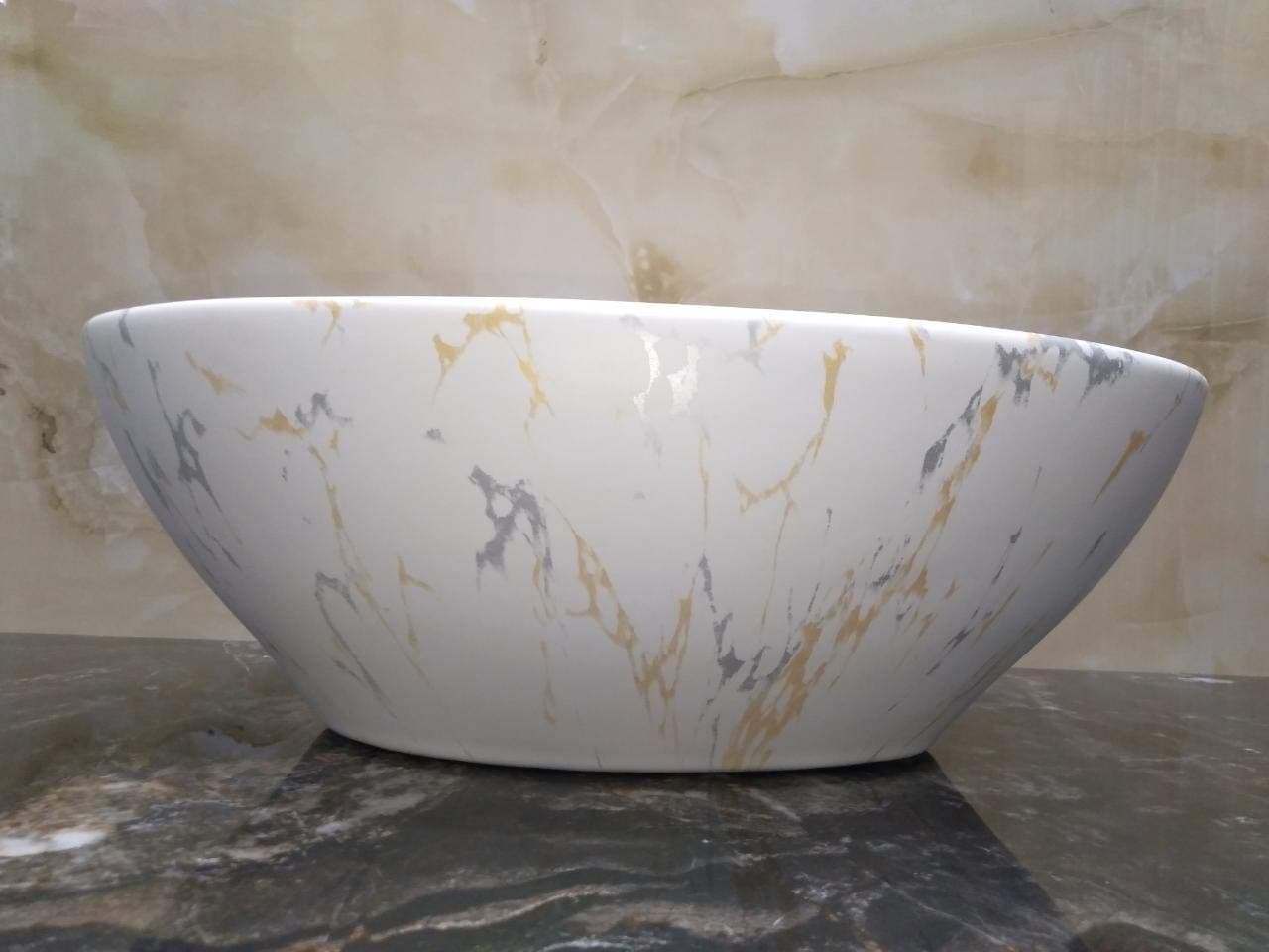 Ceramic Wash Basin for BathroomCeramic wash BasinTable topSatin MATT FinishCeramic wash Basin for HomeSize 16x13x6 INCHOffWhite Gold Print