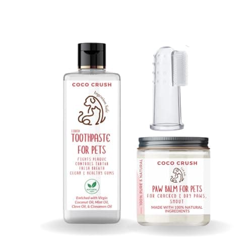 COCO CRUSH Pet Dental & Grooming Combo - 100% Natural Liquid Toothpaste, Toothbrush, & Paw Balm for Cats & Dogs (50g Paste, Brush, & 25g Balm; 75g)
