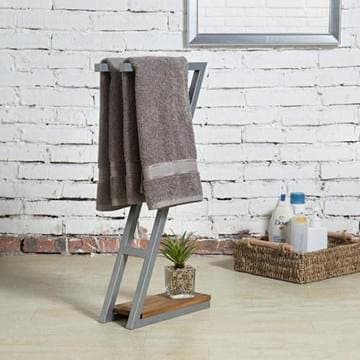 INDIAN DECOR. 21411 Modern Freestanding Grey Metal Towel Rack with Wood Base,Standard