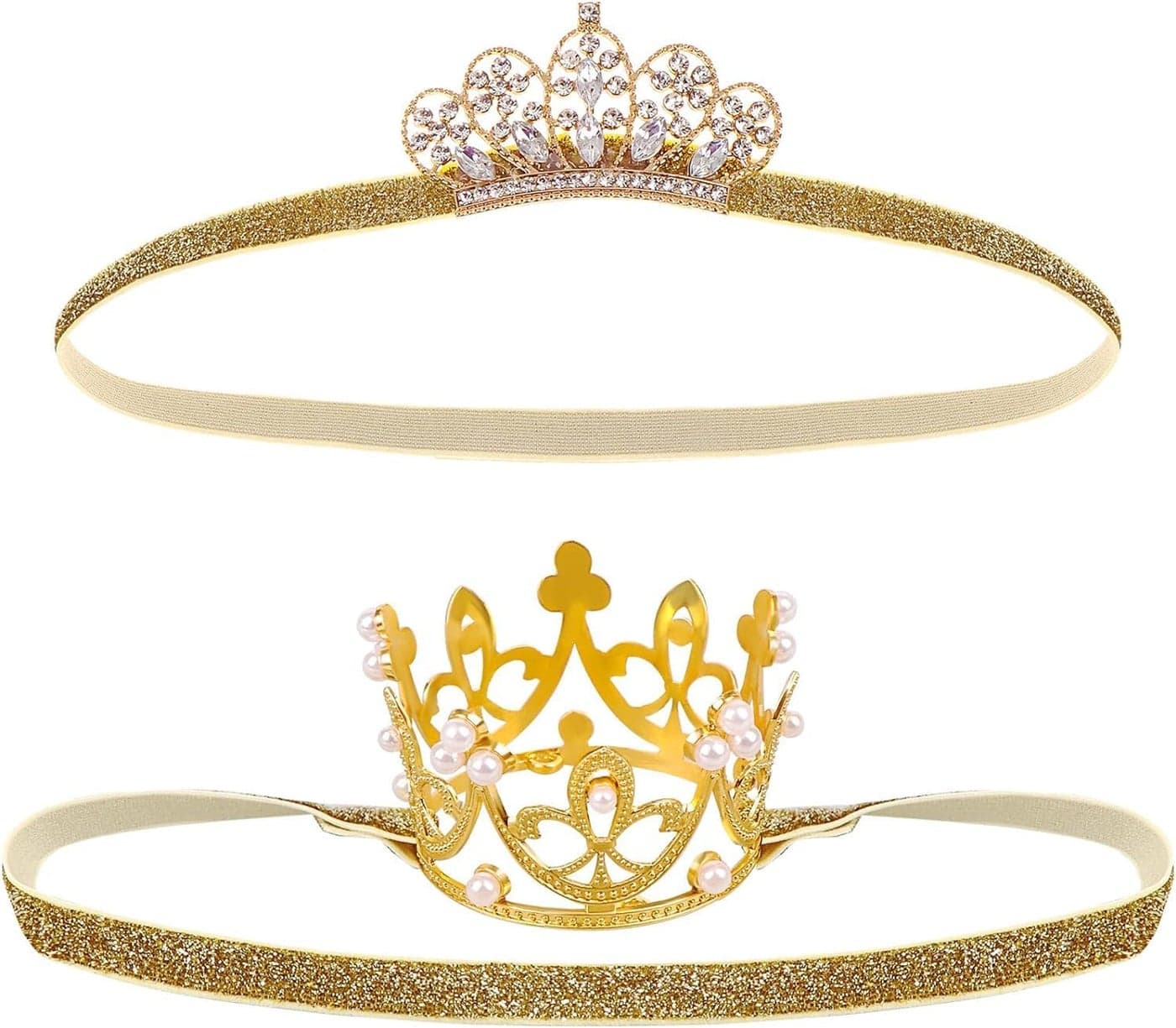 2PCS Gold Tiara Glitter Baby Crown Headband Crystal Crown Hair Belt for Little Girl Infant Princess Tiaras Birthday Elastic Hair Band for Photography Headband Props