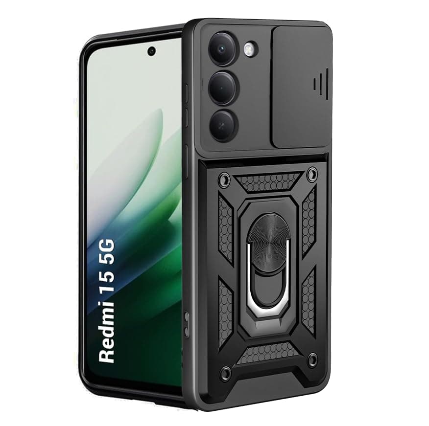 SESS XUSIVE Tough Armor Bumper Back Cover Case for Mi Redmi 15 5G | Sliding Camera Cover, Kickstand & Ring Holder 360 Degree Protection Back Cover for Mi Redmi 15 5G - Black