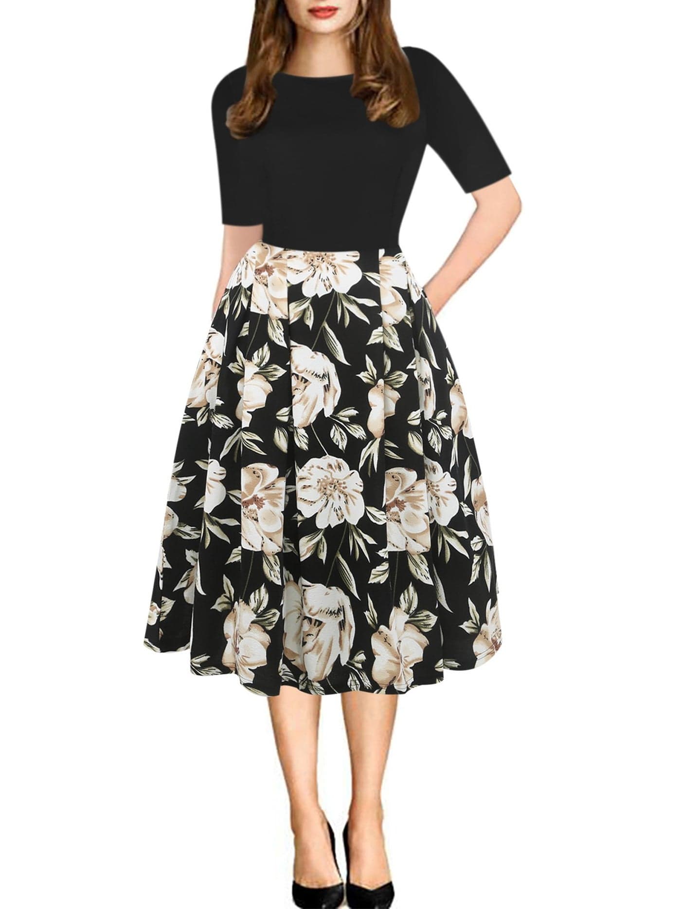 oxiuly Women's Vintage Patchwork Pockets Puffy Swing Casual Party Dress OX165 (Black Khaki, x_l)