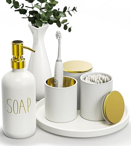 6Pcs White Bathroom Accessories Set with Tray, Housewarming Gift Bathroom Accessory Sets, New Home Gift Soap Dispenser with Toothbrush Holder, Weeding Gift for Bathroom Set Decor