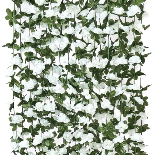 KHOYIME 9 Pack 72 FT Artificial Flower Garland Fake White Roses Vines Silk Flowers Faux Plastic Outdoor Hanging Floral Ivy Garland Decoration for Wedding Arch Bedroom Home Wall Backdrop Room Decor