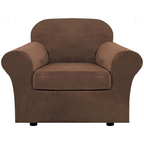 H.VERSAILTEX Rich Velvet Stretch 2 Piece Cover Chair Slipcover Sofa Cover Furniture Protector Couch Soft with Elastic Bottom Chair Couch Cover with Arms Width Up to 49 Inch(Chair, Caramel Cafe)