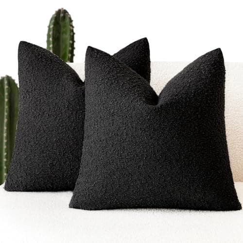 Foindtower Set of 2, Decorative Textured Boucle Throw Pillow Covers Accent Solid Pillow Cases Neutral Soft Cozy Couch Cushion Case for Chair Sofa Bedroom Living Room Home Decor 18 x 18 Inch Black