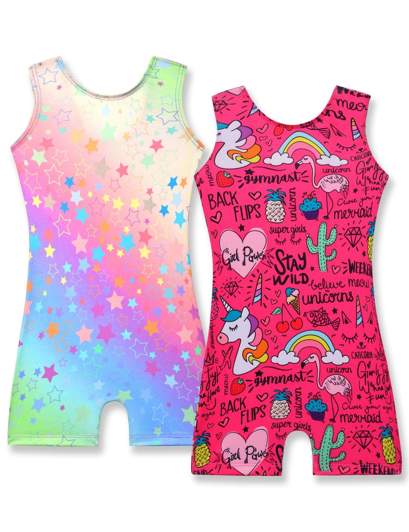 Nymphperi Gymnastics Leotards for Girls 4t 5t 2 Pack Rainbow Star Unitards Sleeveless Hot Pink Unicorn Biketard