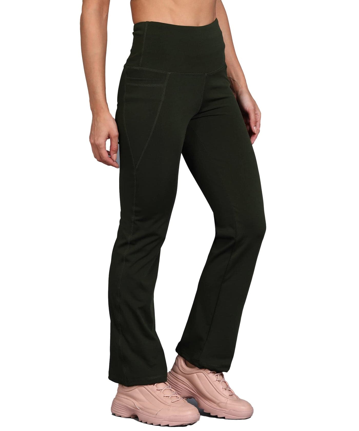 Rock Paper Scissors Premium Flare Gym Pants High Waist Stretchable Flared Leggings with Pockets Gym wear/Active Wear Tights Yoga Pants Zumba/Dance Womens Workout Tights Gym Tight Army Green